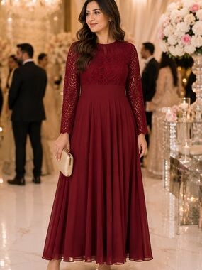 Burgundy  Red Lace Long Sleeve maxi Dress